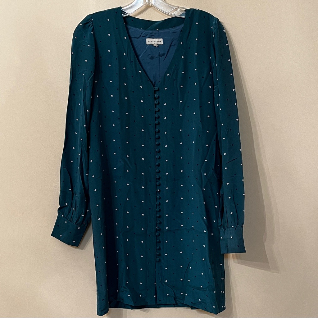 Annie Griffin Green Silk Polka Dot Print Dress